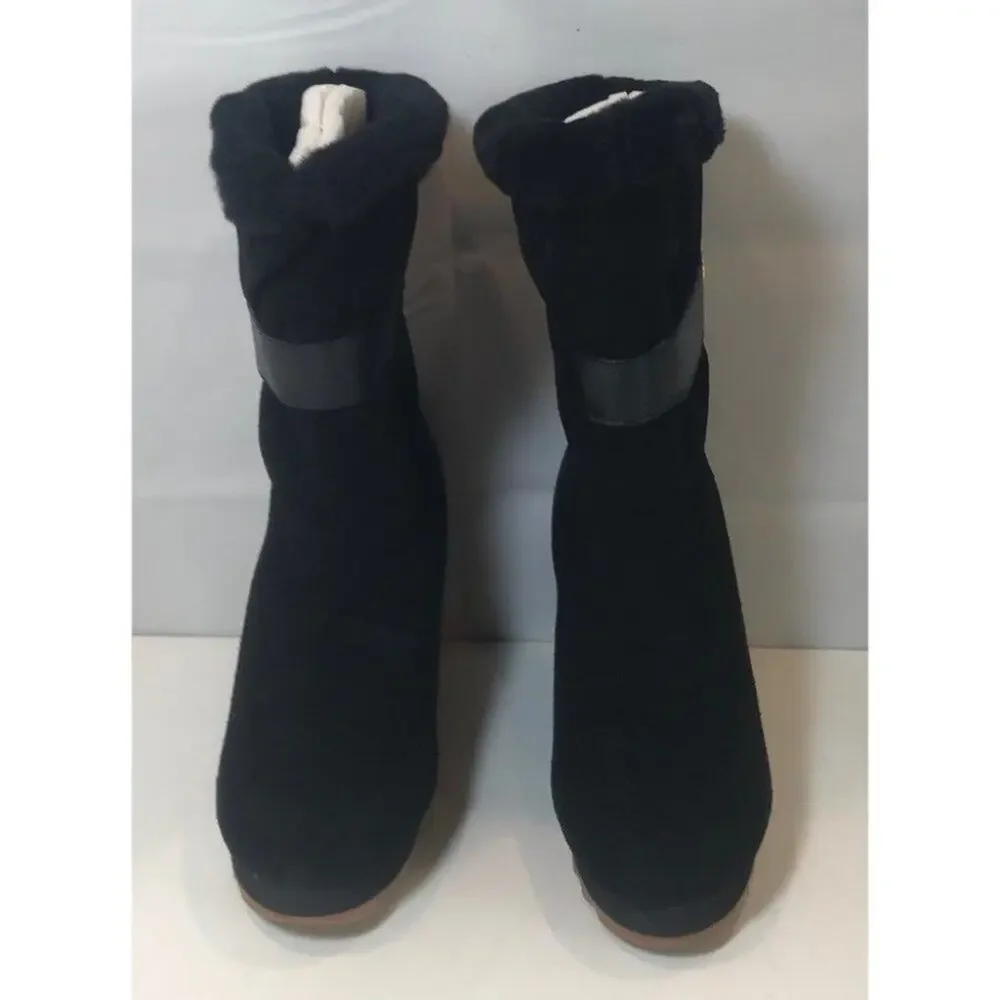 Black Suede Wedge Winter Boots with Shearling Lining